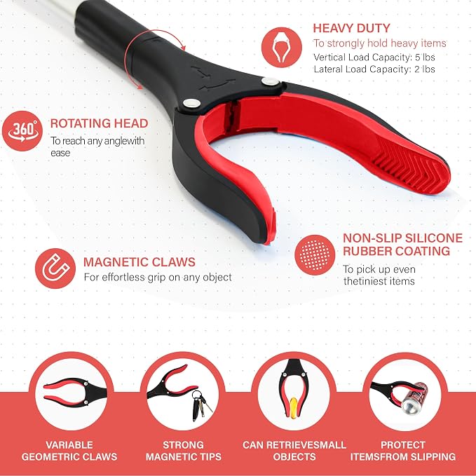 Grabber Reacher Tool - 32” Reacher Grabber Tool with Strong Magnetic and Swivel Head - Heavy Duty Pick Up Stick Grabbers for Seniors, Trash, Surgery Recovery Must Haves Gifts(Red)