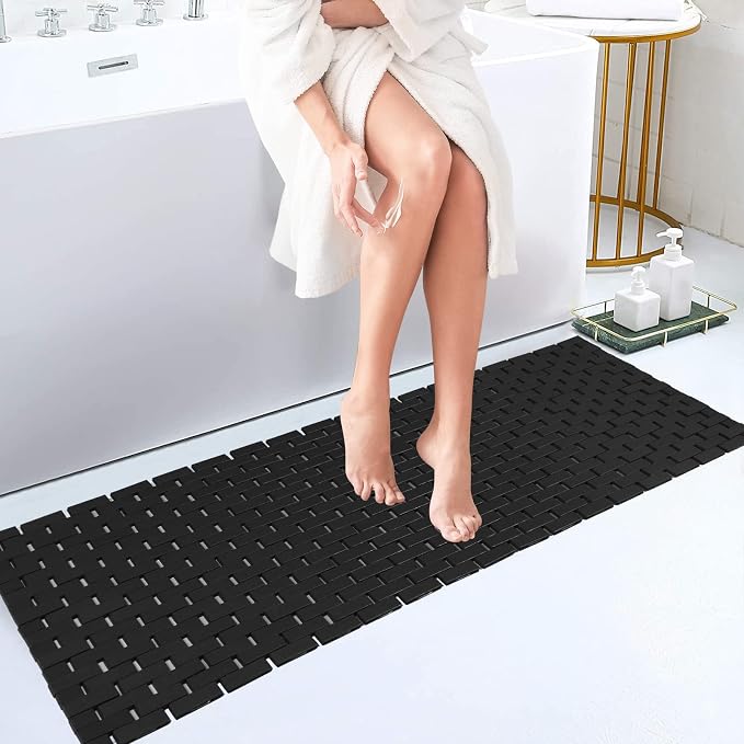 Bambo Bath Mat Bathroom Runner Long Large Rugs Floor Wood Shower Bathtub Waterproof Non Slip Accessories 16x48 Inch Easy to Clean,Black,1 pc