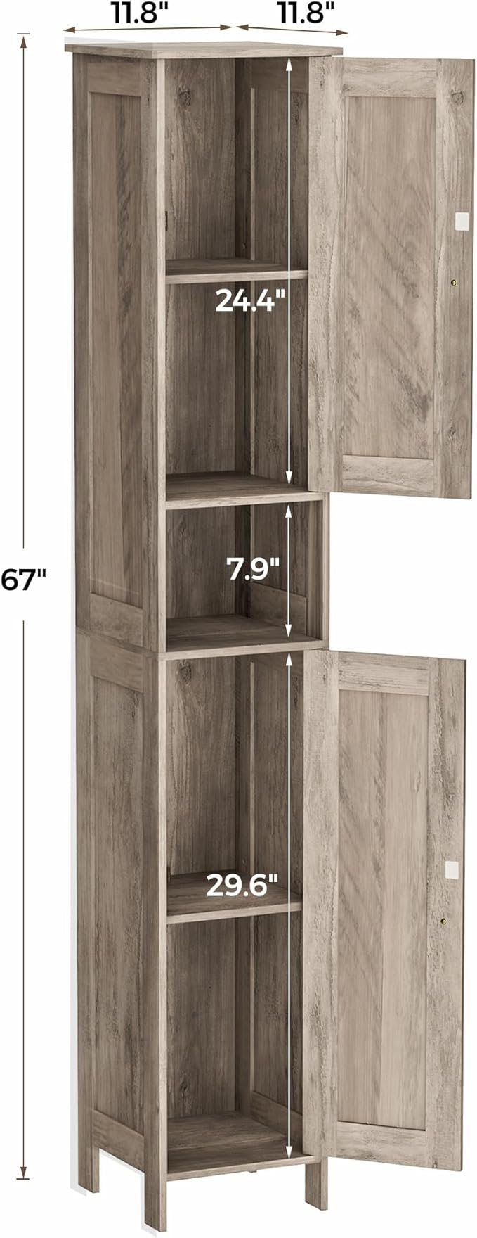 Homleke Tall Bathroom Storage Cabinet with 2 Doors, 67"H Narrow Storage Cabinet with Adjustable Shelves& Anti-Tip Design, Reversible Door Installation, Easy Assembly, 11.8 x 11.8 x 66.9 Inches, Greige