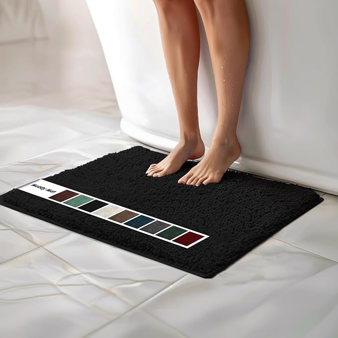 Muddy Mat Chenille Bathroom Rugs Quick Dry Microfiber Mats Non Slip Washable, Extra Thick, Soft and Highly Absorbent Bath Mats for Bathroom, Kitchen, and Shower Floor - Black Medium 30"X19"