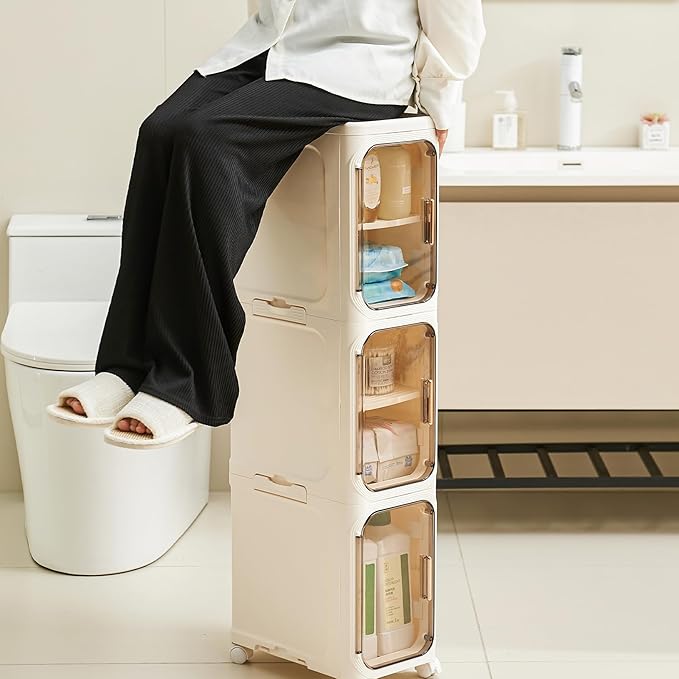 UFORU 4-Tier Tall Narrow Storage Cabinet- Plastic Slim Bathroom Storage Organizer with Magnetic Doors,Adjustable Shelves&Movable Wheels, Foldable Skinny Cabinet for Small Spaces,Kitchen