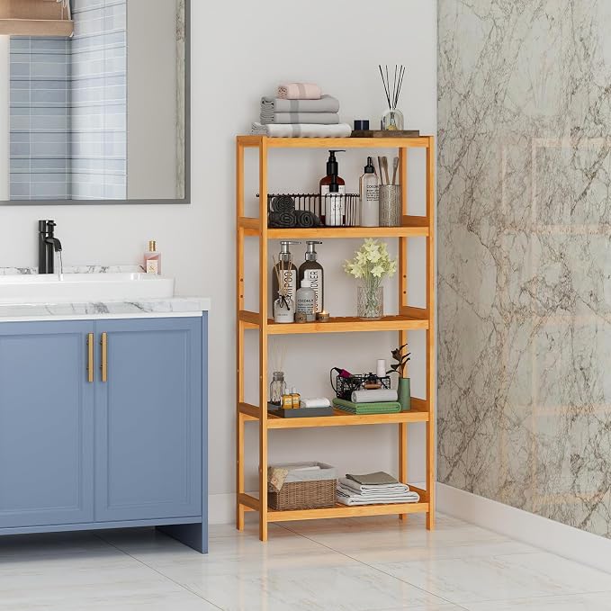 kinbor 5-Tier Bamboo Bathroon Shelf - Multifunctional Bamboo Rack Storage Shelving Rack Utility Shelf for Bathroom Kitchen Living Room