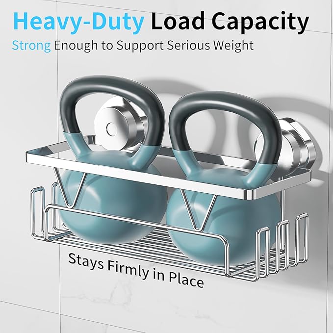 KEGII Suction Cup Shower Caddy – 3 Pack Suction Cup Shelf with Soap Holder & Hooks, Rustproof Stainless Steel Shower Organizer Rack, Removable No Drilling Bathroom Storage Rack, Silver