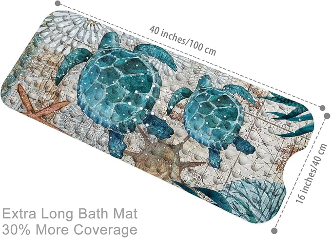 Blue Bathtub Mat Non Slip, 40x16 inch Bath and Shower Safety Mats, Vintage Sea Turtle Tub Mat for Bathroom, Tub Shower Mat with Drain Holes and Suction Cups