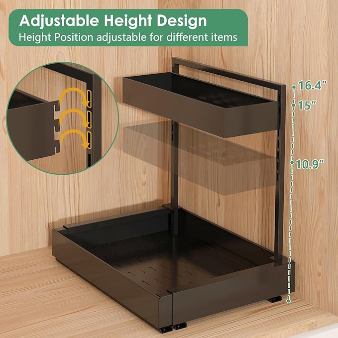 REALINN L-Shaped Under Sink Organizer with 6-Level Height Adjustment & Expandable Width, Pull-Out Cabinet Storage Rack with Quiet Sliding Rails for Kitchen, Bathroom, Black, 2 Pack