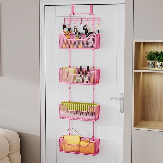 HapiRm Over Door Organizer Storage - Hanging Door Organizer with 4 Metal Large Capacity Baskets and Adjustable Coat Hook for Bathroom Bedroom Kitchen Pantry Closet Cabinet