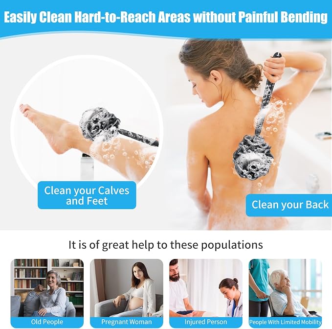 VANZAVANZU Loofah Sponge Set Loofah Exfoliating Body Scrubber, Anti-Slip Plastic 17" Handle Loofah on a Stick with Fluffy Shower Sponge, PE Soft Mesh Shower Loofahs-Black with White Edge