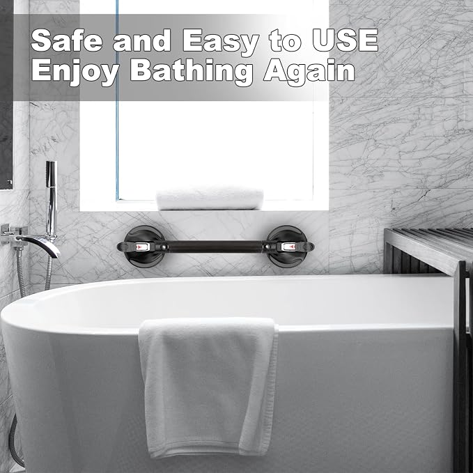 19-Inch Shower Handle - Upgraded Grab Bar with Strong Suction Cups for Bathtub & Shower Safety, Ideal for Seniors, Elderly, Disabled - Black
