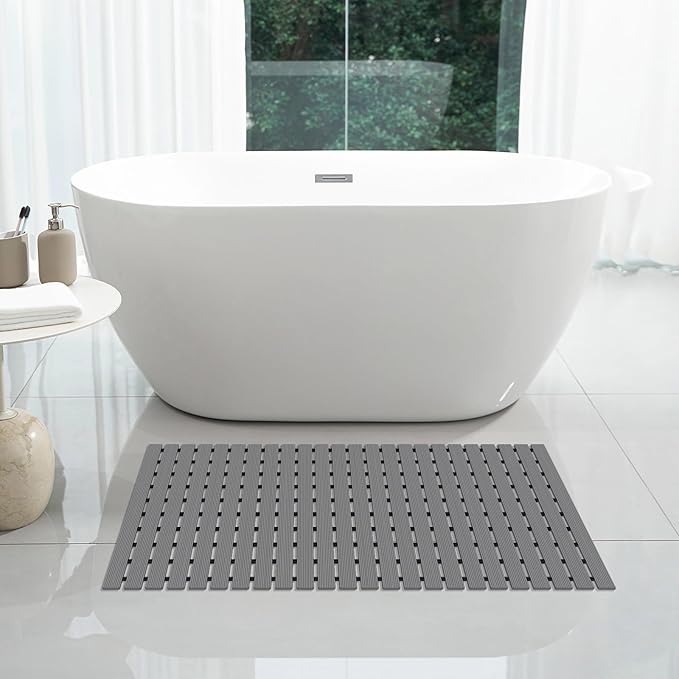 OTHWAY Large Shower Mat, 35.4 x 24 Inch No Suction Cup Shower Mat Non Slip, Quick Drain Large Non Slip Shower Mats for Inside Shower, Heavy Duty Curlable PVC Shower Floor Mat, Dark Grey