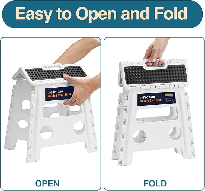 Flottian 13" Folding Step Stool for Adults and Kids Holds Up to 300 lbs,Non-Slip Folding Stools with Handle, Compact Plastic Foldable Step Stool for Bathroom,Bedroom, Kitchen White,1PC