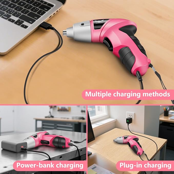 JENABOM Cordless Electric Screwdriver, Power Screw Driver Set with Pink Compact Tool Kit for Small Repair and Maintenance- Ideal Housewarming Gift, 112Pcs