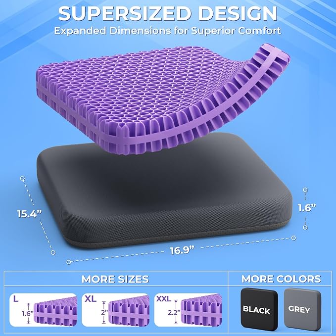 TushGuard Gel Seat Cushion for Long Sitting, Enlarged & Thickened Patent Design, Breathable Cooling for Office Chair, Soft Car Seat Cushion for Wheelchair (Standard, Grey)