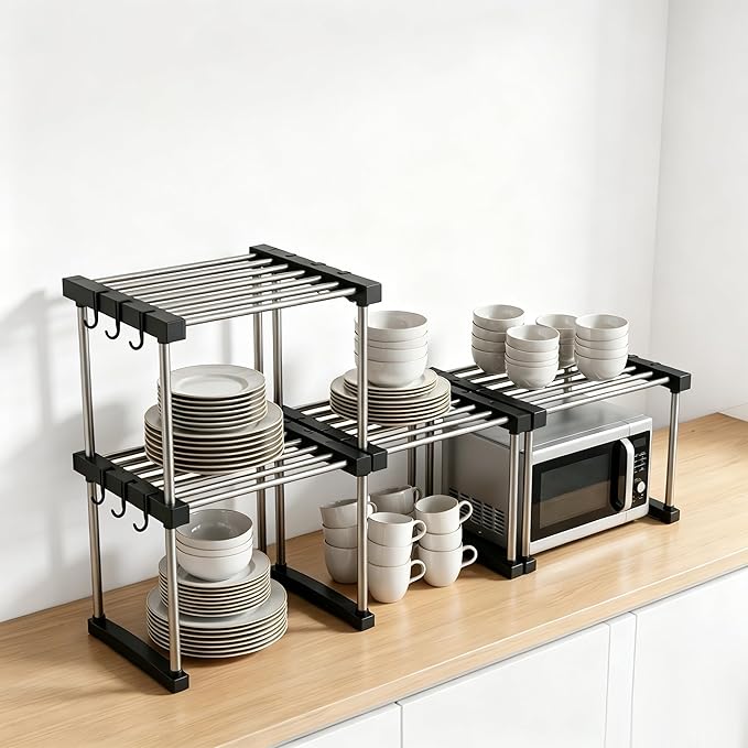 BLULEE Expandable Under Sink Organizer, 2-Tier Adjustable Storage Shelf with Hooks, Heavy-Duty Stainless Steel Cabinet Rack for Kitchen Pantry & Bathroom Vanity, Stackable Organization System