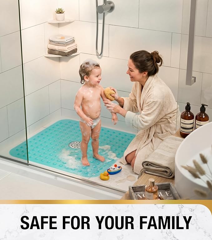 HITSLAM Shower Bathtub Mat Non Slip, 24"x 24" Bath Mat for Tub, Soft PVC Shower Mats for Inside Shower with Suction Cups and Center Drain Hole, Machine Washable Bathroom Floor Mat, Green