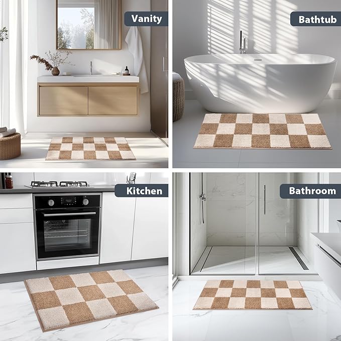 anllugs Bathroom Rugs 20" x 30", Non-Slip Extra Soft Absorbent Bath Rugs, Machine Washable Quick Dry Bath Mats for Bathroom Floor, Shower, Bathtub and Sink, Checkered Beige & Grayish Brown