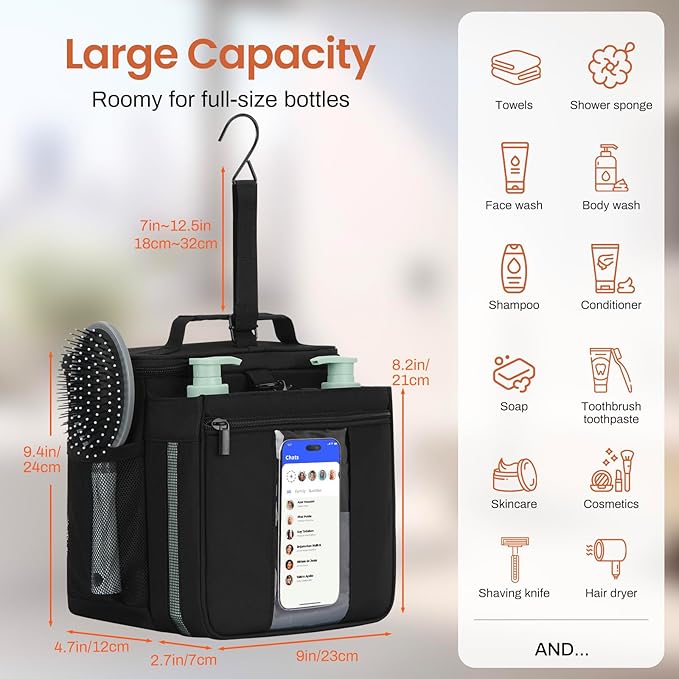 Shower Caddy Dorm Portable 2 Compartment Shower Bag Quick Dry,College Dorm Room Essentials for Guys Girls,Hanging Shower Organizer for Camping,Gym,Men,Women,Black
