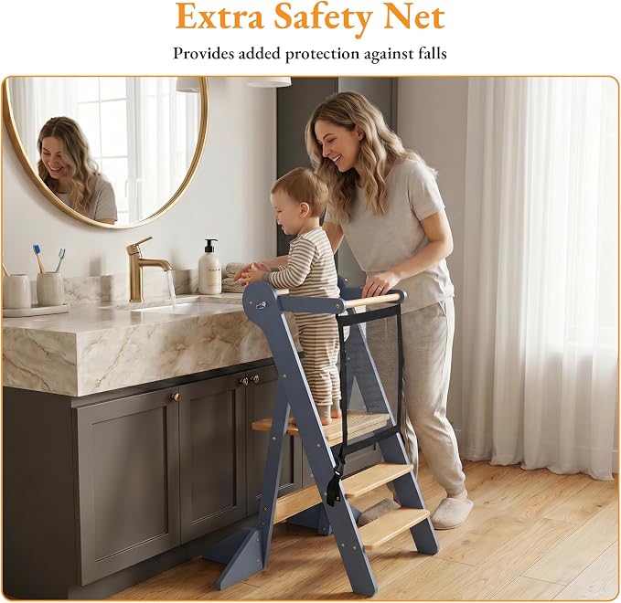 COSYLAND Foldable Toddler Standing Tower - Adjustable Height Folding Step Stool Kids Toddler Kitchen Stool for Learning and Cooking - Ages 18 Months to 6 Years with Safety Net Natural & Grey