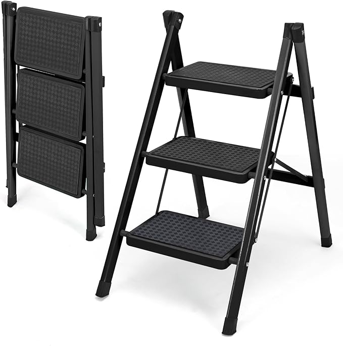 3 Step Ladder, Folding Step Stool for Adults, Lightweight Aluminum Step Ladder, Portable 330 LBS Capacity Ladders for Home Kitchen Library Office, Small Step Stools with Anti-Slip Wide Pedals