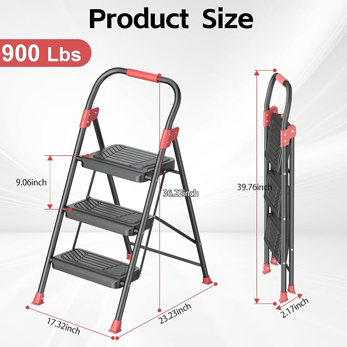 DIAMONDFORGE 3 Step Ladder, Folding Step Stool with Anti-Slip Wide Pedal, Soft Handle, Anti-Slip Feet, Sturdiest Steel Construction, 900lbs Capacity Steel Ladder for Home and Office, BlackRed