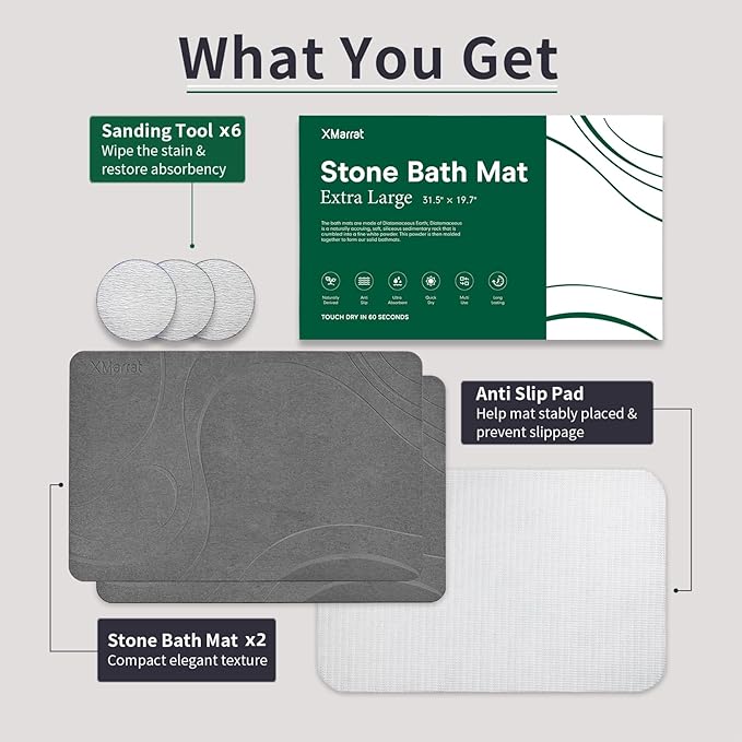 XMarrat Large Stone Bath Mat 2 Pack, 31.5'' x 19.7'' Super Absorbent Diatomaceous Earth Bath Mat Large, Quick Drying Non-Slip Diatomite Stone Bath Mats for Bathroom, Easy to Clean