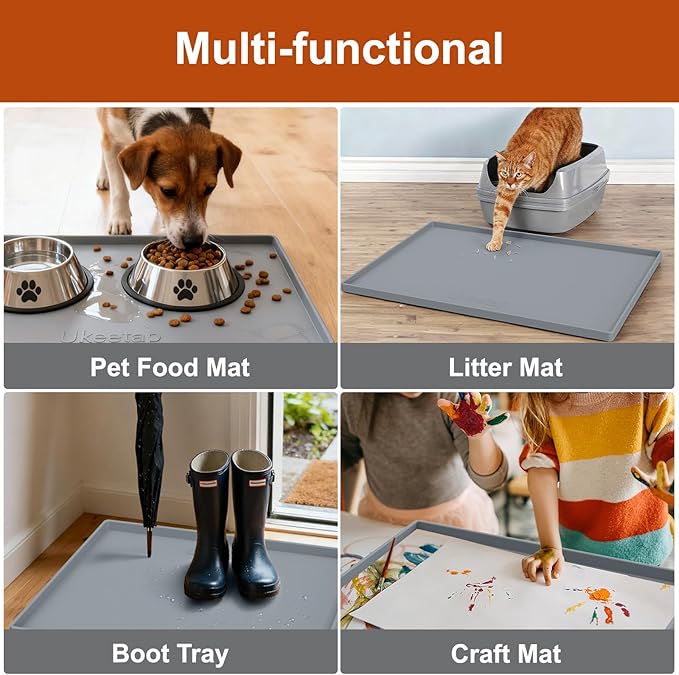 ukeetap Extra Thick Silicone Mat Waterproof with Raised Edge 34" x 22", Under Sink Mat for Kitchen & Bathroom, Kitchen Cabinet Liner, Multi-Purpose for Storage & Protection, Gray
