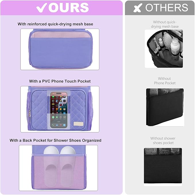 Portable Shower Caddy College Dorm Essentials (Full Size Bottle Compatible), Toiletry Bag for Women Men, Hanging Makeup Organizer Bag for Travel,Gym & Camping,Purple