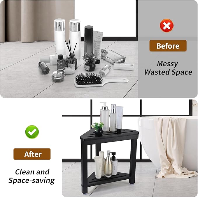 Boulphia Shower Foot Rest 14in, Acacia Wood Shower Stool for Shaving Legs (Black)