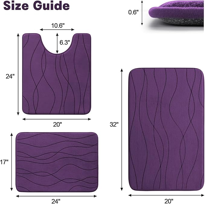 YIHOUSE Memory Foam Bathroom Rug Sets, Purple, 3 Piece | Ultra Soft, Absorbent, Non-Slip, Machine Washable