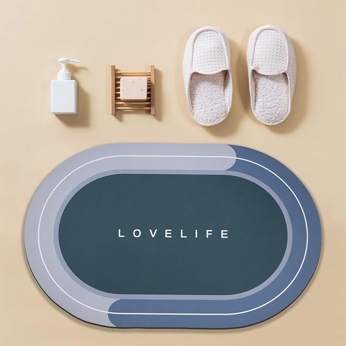 Rubber Bath mats Quick-Drying Non-Slip Bathroom mat Super Absorbent Bath mat Instant Dry Bath mat, Bathroom Rug in Front of The Kitchen Sink, Shower Room, Bathtub, Oval(Blue+16.9x26.7in)