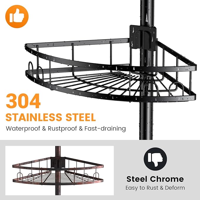 Tension Pole Shower Caddy Corner: Adjustable 4-Tier Bathroom Organizer Shelves - Rustproof Bathtub Shampoo Rack, No-Drill Standing Shower Caddy for Renters, Apartment & Family Bathroom 31-124 inch