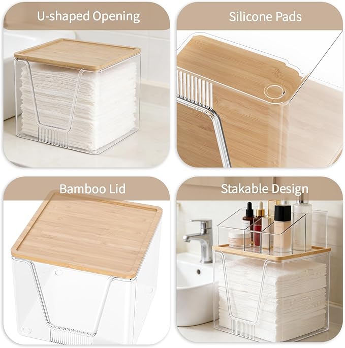 2 in 1 Disposable Facial Towel Holder and Cosmetic Organizer, Clear Storage with Bamboo Lid Compatible with Clean Skin Club Towel XL, Stackable Vanity Organizer for Bathroom Vanity Counter (2 Pack)