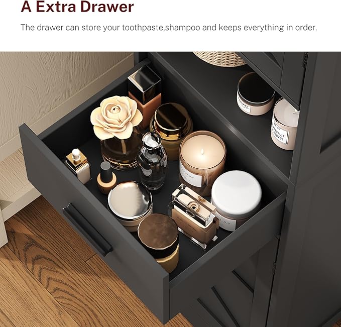 TEENFON Tall Bathroom Storage Cabinet with Barn Doors, Narrow Bathroom Cabinet with Drawer, Narrow Storage Unit, Adjustable Shelves, Floor Cabinets for Living Room, Entryway, Kitchen, Black