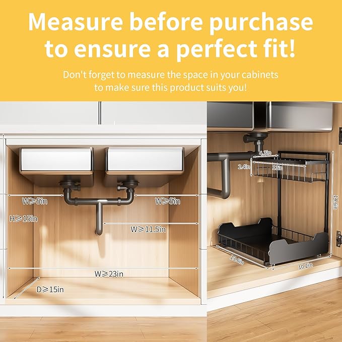 PureBox Under Sink Organizer, 2-Tier L-Shaped Pull Out Cabinet Shelf with 2 Installation Methods, Adjustable Sliding Storage Drawer for Kitchen, Bathroom, Laundry, Metal, Black, 2-Pack