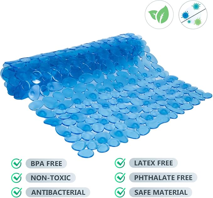 WELTRXE Non Slip Bathtub Mat, 35 x 16 Inches Bathroom Pebbles Shower Mat with Suction Cups, Drain Holes, Suction Bath Mats for Tub Machine Washable - Clear Blue