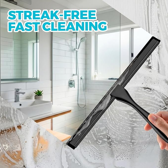 ALFLOD 2PACK 12-Inch All-Purpose Shower Squeegee for Shower Doors, Bath Linen Sets, Tile Shower Walls, Bathroom, Window, Glass and Car Windshield, Mirrors and Kitchen-Stainless Steel, Black