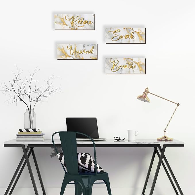 ONIZHITY 4 Pcs White and Gold Bathroom Decor White Gold Wall Decor Relax Soak Unwind Breathe Wooden Rustic Marble Style Bathroom Accessories for Bedroom Living Room Decor Kitchen(10X4)