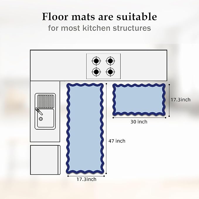 Arenarug Scalloped Navy Blue Kitchen Mats Rugs Sets of 2 Cushioned Anti Fatigue Floor Mat Waterproof Kitchen Rugs Non Slip Foam Comfort Standing Mat for Sink Laundry