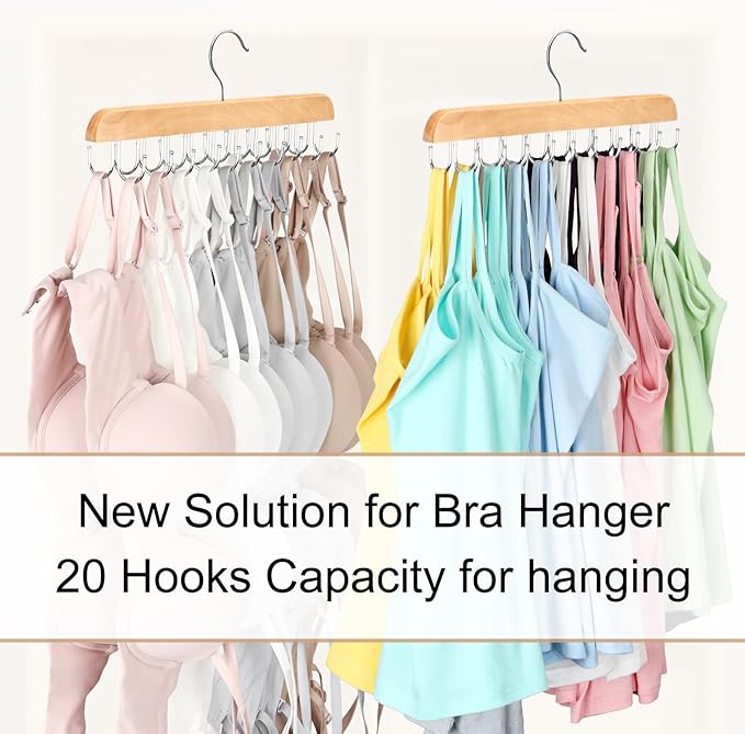 Bra Hanger for Closet, Tank Top Organizer 20 Hooks Capacity Foldable Wood Space Saving Hanger Closet Organizers and Storage for Dorm & Apartment for Tank Top, Hats etc.-2 Pack
