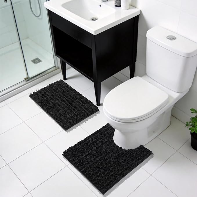Yimobra Bathroom Rugs Non Slip Washable 32x20 Inch - Ultra Soft Absorbent Chenille Bath Mat, Quick Dry Shaggy Floor Carpet for Tub Shower, Black Home Decor Accessories
