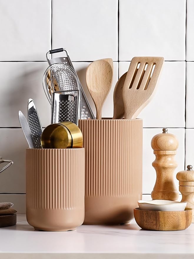 LE TAUCI Utensil Holder for Kitchen Counter, 7.3"+5.4" Fluted Ceramic Utensil Crock Organizer for Countertop, Heavy Large Holder for Spatulas, Spoons, Set of 2, Dusty Coral