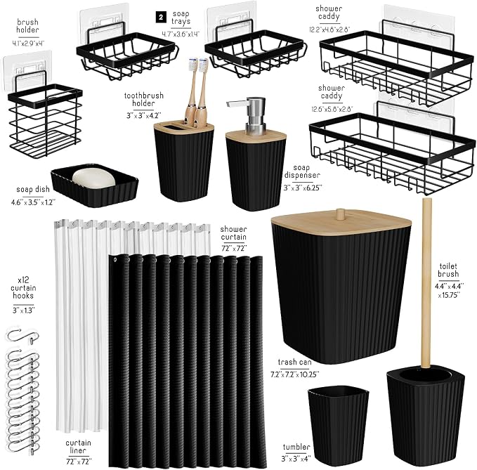 Clara Clark Bathroom Accessories Set - Bathroom Set with Adhesive Corner Shower Caddy Hanging, 25PC Bathroom Accessory Set, Black Shower Curtain Set, Toilet Brush, Trash Can & Soap Dispenser