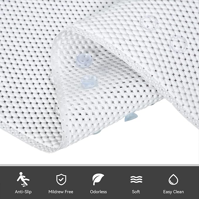 Bathtub Mat Non Slip Ivory 36” X 17” Shower Mat Soft Foam Bath Mats for Bathroom Tub, Bathtub Mat with Drain Holes, Suction Cups, Shower Mat Non Slip