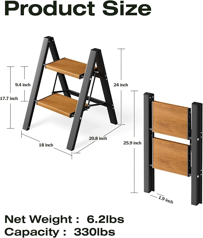 Taranta 2-Step Aluminum Ladder,Lightweight Folding Step Stool with Extra-Wide Anti-Slip Steps,330 lbs Capacity,Compact Space-Saving Design for Home,Kitchen and