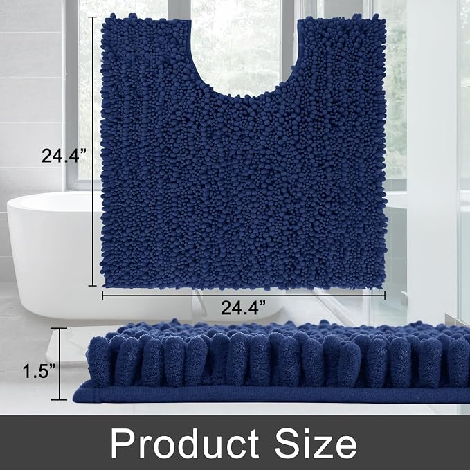 Yimobra Toilet Rug U Shaped Washable 24x24 Inch - Ultra Soft Absorbent Chenille Bath Rugs for Toilet, Quick Dry & Machine Washable, Non Slip Contour Bathroom Mat, Navy Blue