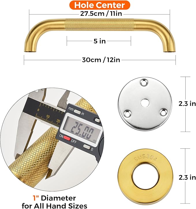 Grab Bars for Shower, 2 Pack 12-Inch Anti Slip Shower Handles for Elderly, Safety Shower Grab Bar, Stainless Steel Handicap Grab Bars for Bathroom,Toilet (Gold, 1" Diameter)