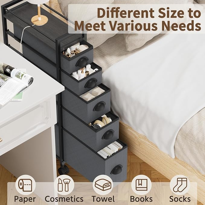 LASZOLA 5 Drawer Narrow Slim Cabinet Skinny Storage Tower Chest, Ideal for Small Spaces, Between Washer and Dryer, Lightweight Mobile on Wheels, Sturdy Fabric Drawers