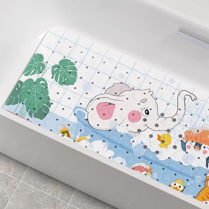 AmazerBath Baby Bath Mat Non Slip, Cartoon Kids Bath Mat for Tub 40 x 16 Inches Full Size, Non Slip Bathtub Mat with Suction Cups and Drain Holes, Shower Stall Mats - Elephant