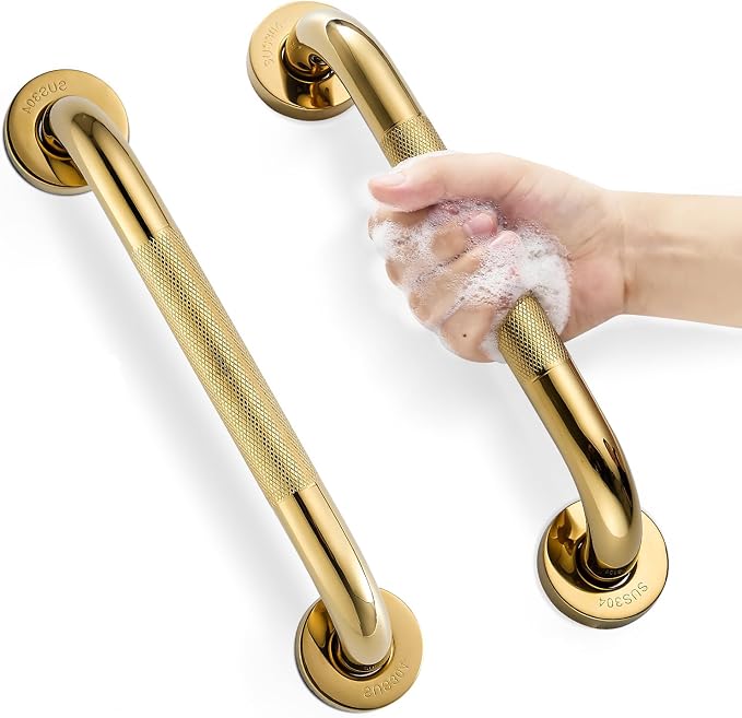 Grab Bars for Shower, Zynuhmo 2 Pack 12 Inch Anti Slip Stainless Steel Bathroom Safety Shower Grab Bar Handrails for Handicap Injury Pregnant Senior Assist Shower Handles(Titanium Gold, 1" Diameter)
