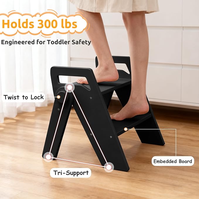 Wooden 2 Step Stool for Toddler Kids Bathroom Foldable 2-Step for Toilet Potty Training, Child Stepping Stool for Kitchen Nursery Bedroom