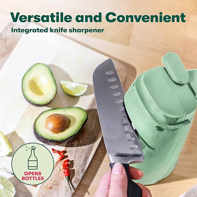 bella Electric Can Opener and Knife Sharpener, Removable Cutting Lever, Cord Storage, Stainless Steel Blade, Sage